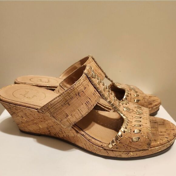 Jack Rogers "Nora" Cork Print Leather Gold Whipstitch Sandals Sz.9.5 Ret $128 - Picture 3 of 8